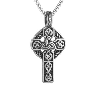 Imagem de Colar com pingente de cruz com padrão de triângulo celta masculino e feminino, aço inoxidável 316L, corrente quadrada de pérola de aço inoxidável prata, joia vintage de amuleto