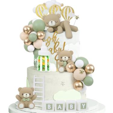 Imagem de Acmee 44 peças de topo de bolo de urso verde - Mini urso 3D letras de bebê garrafa de leite bolas de espuma dourada verde topos de bolo para meninos meninas festa de aniversário decoração de bolo de