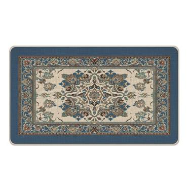 Imagem de Livcoz Boho Vintage Floral Welcome Tapete para porta da frente, tapete decorativo retrô de flor azul, tapete de entrada antiderrapante, geométrico, perfil baixo, decoração de cozinha para uso interno