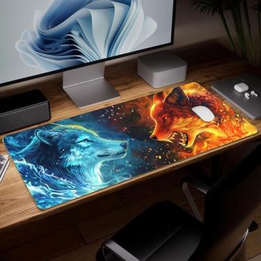 Imagem de Tapete de mesa de couro lobo, mouse pad de arte colorida grande teclado de computador mousepad para jogos à prova d'água protetor e capa de mesa, tapete de mouse decorativo de couro PU para laptop