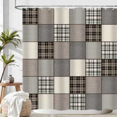 Imagem de ZXMBF Cortina de chuveiro xadrez xadrez cabana quadrada rústica decoração de casa de banho tecido impermeável 182 x 182 cm com ganchos de plástico 12 peças