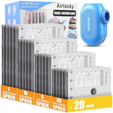 Imagem de Airlocky Sacos de armazenamento a vácuo de viagem com bomba, pacote com 20 sacos de compressão + bomba elétrica portátil, 80% de economia de espaço de roupas, sacos de vedação a vácuo para roupas e