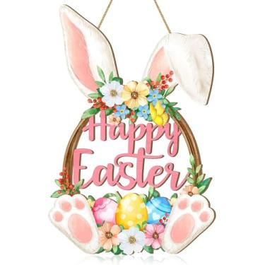 Imagem de Decoração de porta de Páscoa, guirlanda de porta de madeira, placa de coelho, oco, flor, ovo, para pendurar para decoração de parede de casa, festa ao ar livre, suprimento interno feliz