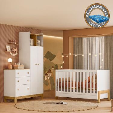 Imagem de Quarto de Bebê com Berço Fantasia e Guarda Roupa com Cômoda Flora Branco Qmovi + Colchão Ortobom