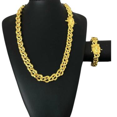 Imagem de Cordão + Pulseira Friso S 12Mm Jesus Cristo - Banhado A Ouro