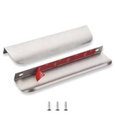 Imagem de sunlithor Puxadores de dedo de borda para armários, descasque e cole na gaveta da cozinha, invisível, autoadesivo, sem furadeira, pacote com 10 puxadores de níquel escovado, 20 cm, fácil instalação