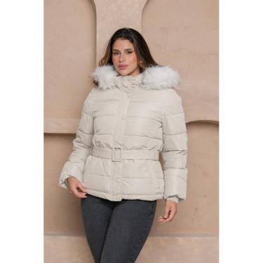 Imagem de Jaqueta Feminina Puffer com Cinto e Capuz Peluciado Forrada