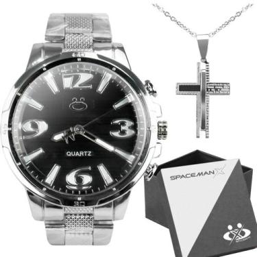 Imagem de relogio masculino aço inox + caixa + cordão pingente cruz religioso ca