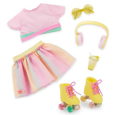 Imagem de Brinquedo Conjunto de Roupa com Patins com Rodas Que Giram Saia Arco-íris e Top Rosa Candide 46CM