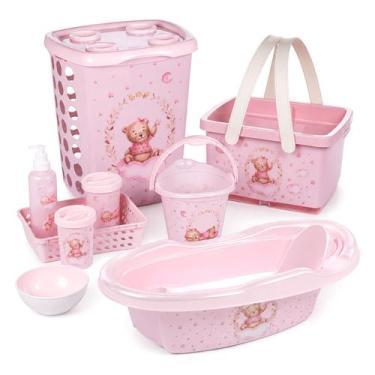 Imagem de Kit Bebê Ursa Rosa Higiene Completa 9 Peças Banheira Cesto Balde Caixa