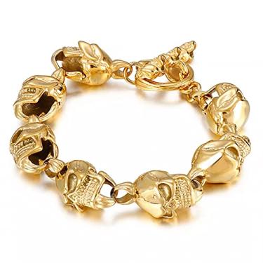 Imagem de suhang Pulseiras De Caveira De Cor Dourada Masculina De Aço Inoxidável Brilhante Fosco Crânio Elo De Corrente Jóias