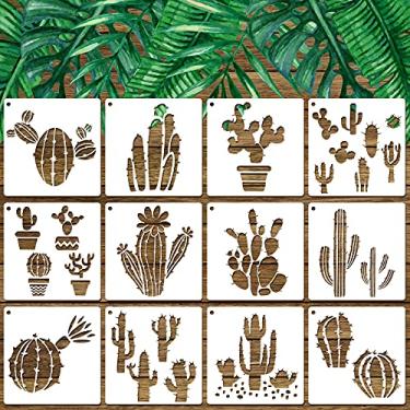 Imagem de Conjunto de 12 peças de estêncil de cacto para pintura de cactos tropicais – reutilizável para arte DIY, cadernos, cartões comemorativos e álbuns de recortes