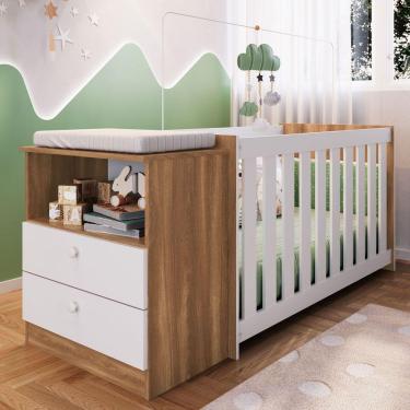Imagem de Berço Com Cômoda Aconchego 2 Gavetas Nogal Manchester/branco – Completa Móveis