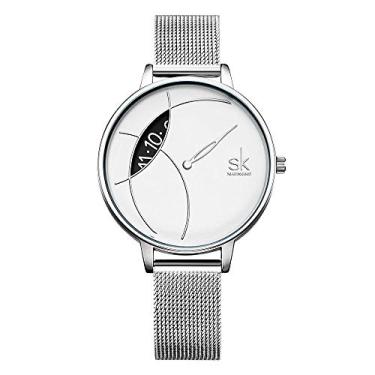 Imagem de SK SHENGKE Relógios de malha femininos de aço inoxidável com face simples e capa traseira moderna para relógio de pulso feminino, K0091-Silver