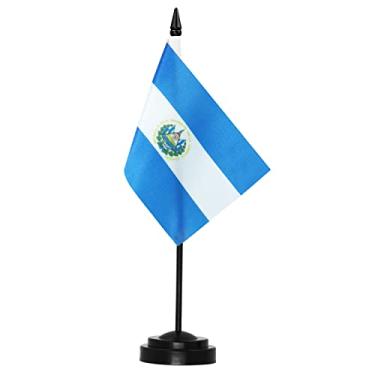 Imagem de Conjunto de bandeira de mesa de luxo Anley El Salvador - bandeira de mesa salvadorenha em miniatura de 6 x 4 polegadas com poste sólido de 12" - cor vívida e resistente ao desbotamento - base preta e topo de lança
