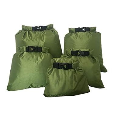 Imagem de Sacos secos de 5 peças à prova d'água, conjunto de sacos secos para todos os fins, bolsa impermeável leve com alça de ombro ajustável, sacos de armazenamento de sacos secos portáteis superiores para caiaque, caminhadas na praia, acampamento (Exército verde)