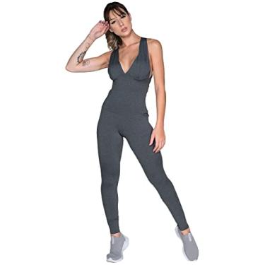 Imagem de Macacão Longo Feminino Liso Bojo Moda Fitness Academia Suplex Ginástica Cor:Cinza;Tamanho:P;Gênero:Feminino