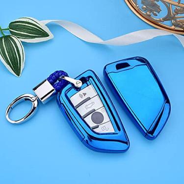 Imagem de CSHU TPU Car Key Case Cover Chaveiro Ring Key Bag, apto para BMW X5 F15 X6 F16 G30 7 G11 X1 F48 F39, azul com chaveiro