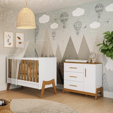 Imagem de Berço 5x1 e Cômoda Retro Moveis Peroba Guti MDF Branco Amêndoa