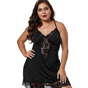 Imagem de Camisola de renda para noite pijama pijama ultramacio pijama pijama pijama feminino confortável plus size, preto, 6GG (95kg/185cm)