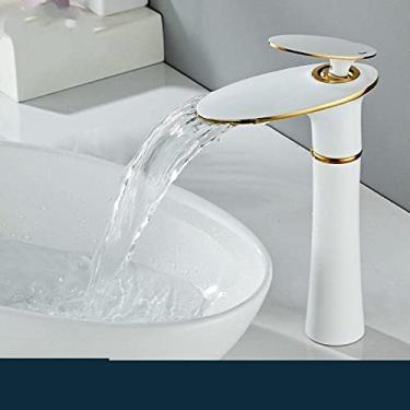 Imagem de Torneira de lavatório em cascata ouro branco quente frio misturador lavatório torneira de latão preto alto misturador de banheiro guindaste torneira de hardware doméstico, ouro branco alto B