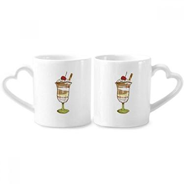 Imagem de Conjunto de canecas de porcelana para casais de sorvete de chocolate cereja com alça de coração