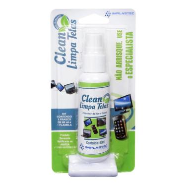 Imagem de Spray Limpa Tela Clean Implastec - 60ml - Com Flanela - Para Limpeza de Notebook, TVs e Monitores