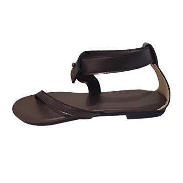 Imagem de Sandálias femininas elegantes de verão moda verão cor sólida couro dedo do pé clipped sandálias casuais planas (café, 8,5)