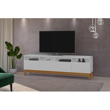 Imagem de Rack SUP 1.80m Estilo Retrô Com Pés em Madeira Com Nichos Para Aparelhos e Objetos de Decoração 3 Portas Para TV Até 70'' Cor Branco