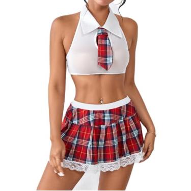 Imagem de Avidlove Conjunto de lingerie feminina sexy para fantasias de dramatização e minissaia plissada branca vermelha XGG