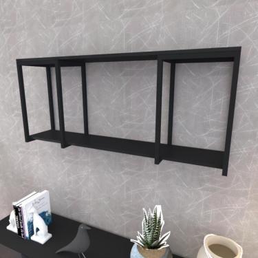 Imagem de Prateleira Industrial Suspensa Estante Parede Nicho Preto Ferro E Madeira Suporte Pratileira