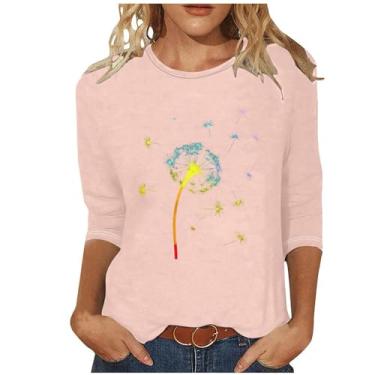 Imagem de SHOPESSA Camisetas de manga 3/4 para mulheres com flores elásticas plus size camisetas femininas estampadas de férias roupas femininas primavera 2024, Blusa feminina rosa com mangas 3/4, 3G