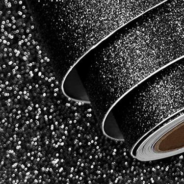 Imagem de FunStick Papel de parede de glitter preto 40 x 609 cm decorativo autoadesivo glitter papel de parede colar e colar preto brilhante descascar e colar rolo de papel de parede para quarto, armários, artesanato, tecido de prateleira