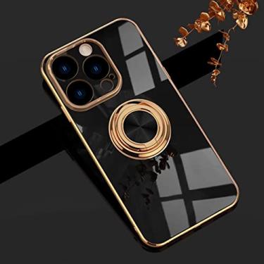 Imagem de Rnrieyta Miagon Capa com suporte para iPhone 15 Pro, suporte de anel de rotação 360 com suporte magnético para carro e amortecedor galvanizado fino preto