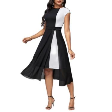 Imagem de Camisa Feminina Two Tone Asymmetrical Hem Dress (Color : Black and White, Size : CH)