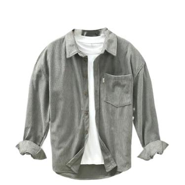 Imagem de Camisa masculina de manga comprida outono inverno casual camisas soltas veludo cotelê lapela marrom camisa com bolso, Cinza, M
