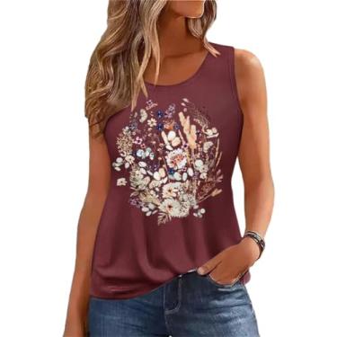 Imagem de Camiseta regata feminina de verão, sem mangas, estampa de flores vintage, boêmio, cottagecore flores silvestres, A-Vinho tinto, G