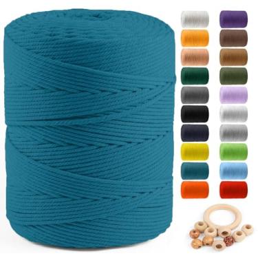 Imagem de Cordão de algodão macramê 4 mm x 547 m, ZUEXT Natural feito à mão cabos trançados azul pavão 4 fios corda de malha para artesanato tapeçaria de tecelagem tapeçaria de apanhadores de sonhos cabide DIY