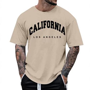 Imagem de Camiseta masculina de verão casual com estampa de letras, blusa de manga curta, gola redonda, camiseta média e alta para homens, Caqui, M