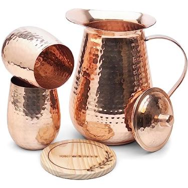 Imagem de Jarra grande de cobre puro (2000 ml) com 2 copos para água potável | Vaso | Conjunto de jarro de água