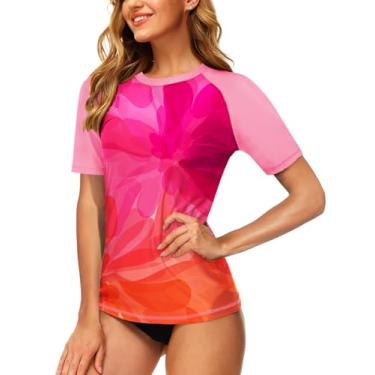 Imagem de AOBUTE Camisetas femininas Rash Guard Tropical FPS 50+ com proteção solar floral de manga curta, Rosa coral, M