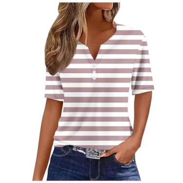 Imagem de Camiseta feminina Summer Dependence Day Henley com bandeira dos EUA, mangas curtas, casual, roupas de 4 de julho, Marrom, D, M