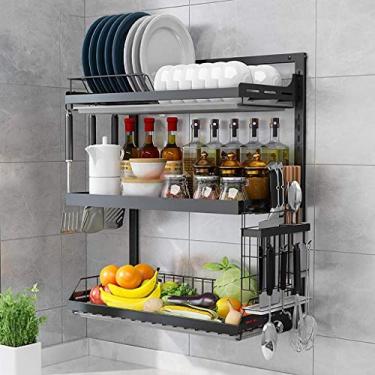Imagem de Escorredor de pratos de aço inoxidável com bandeja de drenagem - suporte de cozinha montado na parede para pauzinhos - Rack de drenagem de 3 camadas e suporte
