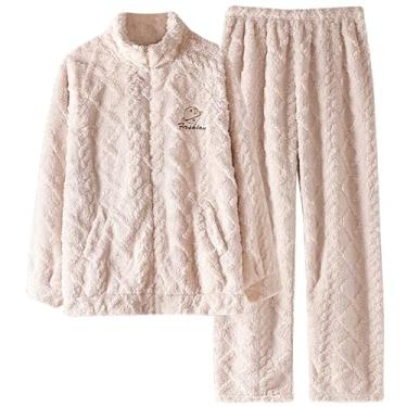 Imagem de LUBOSE Pijama longo feminino, conjunto de pijama grosso de flanela, pijama de duas peças, conjunto de pijama casual de manga comprida (3GG, bege)