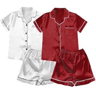 Imagem de Aniywn Conjunto de pijama feminino de cetim de seda com 2 peças, conjunto de pijama com botões e calças, conjunto de pijama macio, A3 - vermelho melancia, GG