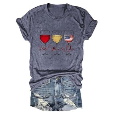 Imagem de Camiseta feminina Independence Day de manga curta com bandeira americana, taça de vinho, vermelha, branca, azul, gola redonda, Cinza escuro, M