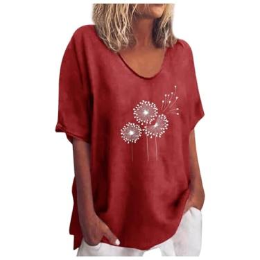 Imagem de Camiseta feminina floral estampada de linho blusa gola redonda casual solta túnica vintage Cpmfy, Vermelho, XXG