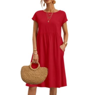 Imagem de Vestido feminino 2024 casual verão algodão com bolsos manga curta vestido midi camisa vestido, Vermelho liso, XXG