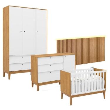 Imagem de Quarto de Bebê Unique 3 Portas com Cômoda Sapateira e Painel Ripado com Led Freijó Branco Soft Eco Wood - Matic