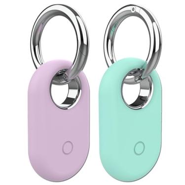 Imagem de Rzttwl Pacote com 2 capas compatíveis com Samsung Galaxy SmartTag 2, rastreador GPS de silicone para Samsung Tag 2 com chaveiro, capa protetora anti-perda Tag2 para chaves (roxo, verde)